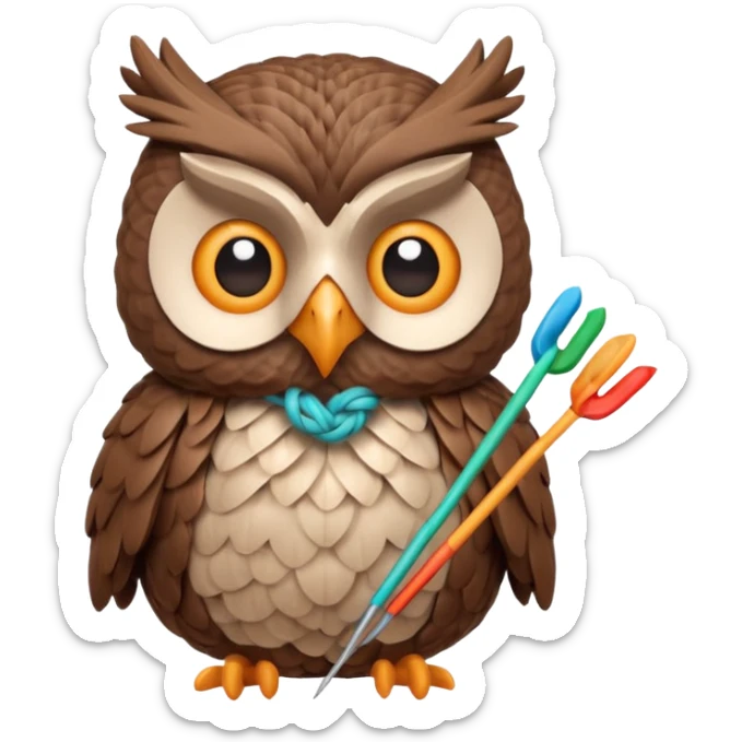 knitting owl portrait, head and shoulders only, cute owl holding knitting needles and yarn, cozy expression, warm handmade vibe, soft feathers, 3D cartoon style, mobile game icon style, clean background, no text, no watermark
 sticker
