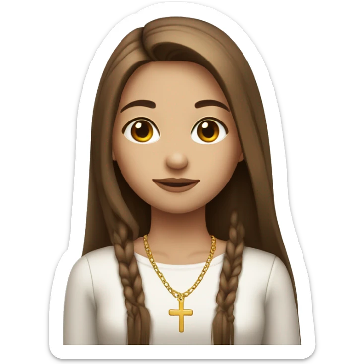 fair skinned girl, with brown long straight hair and a cross necklace sticker