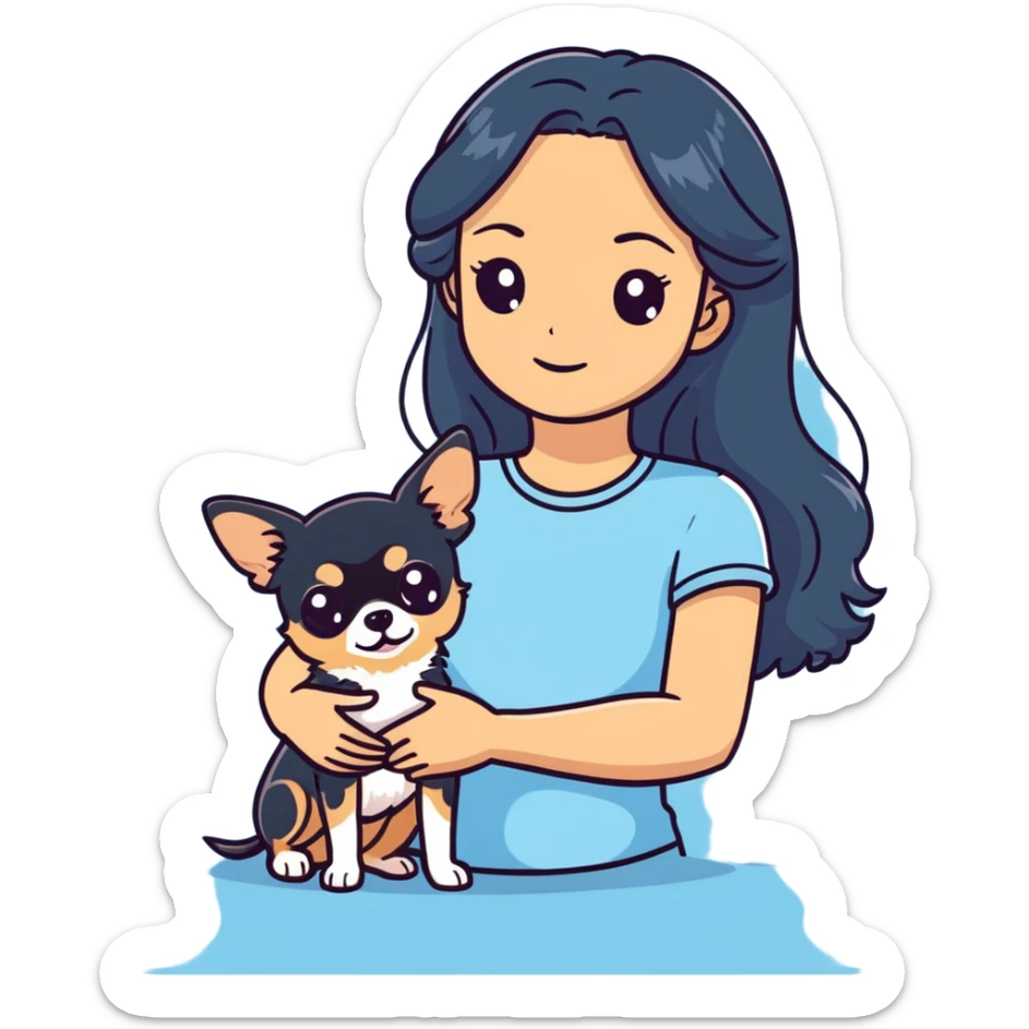Uma mulher com pele clara rosto arredondado cabelo meio cacheado marrom escuro e meio claro com um blusa azul um pouco clara segurando uma chihuahua pelo longo, cor black tan sticker