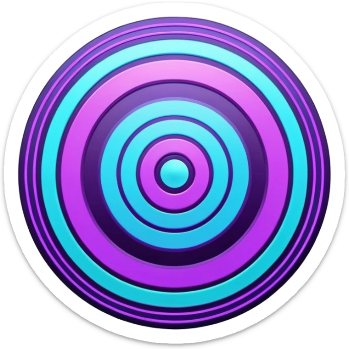 Flat bullseye target emoji, 2D icon, concentric rings, neon purple and cyan holographic glow, dark background, digital tech style, abstract sparkles, no depth, no face sticker