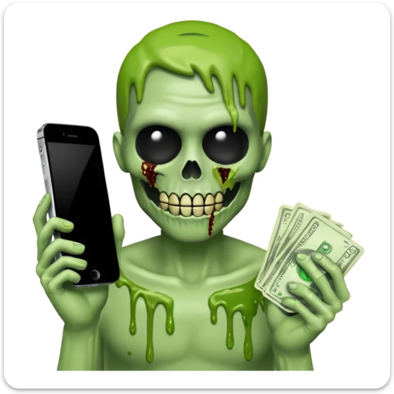 Emoji iPhone de la grande faucheuse, visage moitié squelette moitié zombie, slime vert dégoulinant, billets de 100$ flottant autour, tient une faux, fond blanc, style très effrayant, sans rien d'autre dans les mains, adapté pour photo de profil sticker