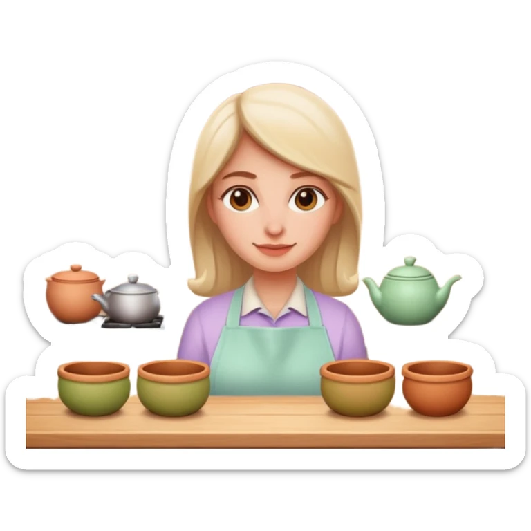 cartoon Apple iOS emoji style woman, pastel colors, Chilean wooden kitchen background, clay pots, warm light, detailed and clean vector art sticker