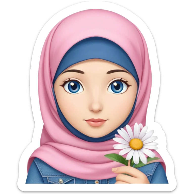Turkish beautiful finish Konya girl blue eyes with denim hijab islamic dress and had on her hand pink daisy sticker