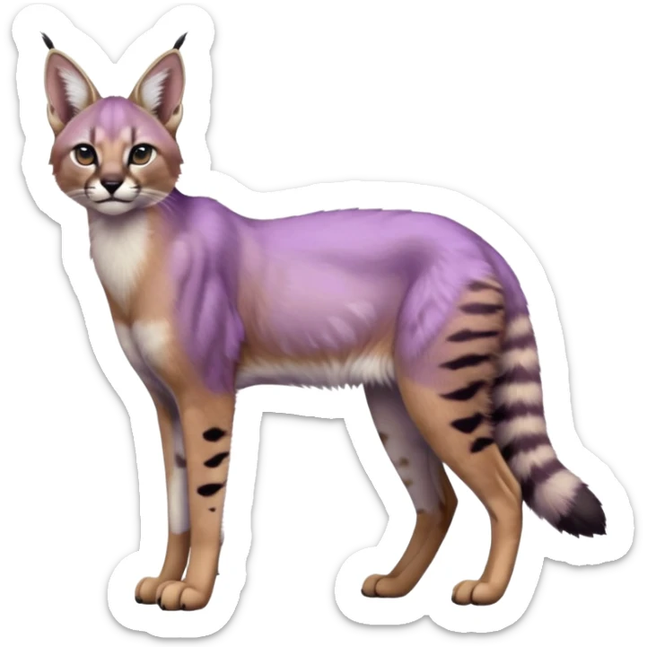 Realistic wild real life cute cool beautiful gorgeous floral pastel-lilac-violet-lavender caracal-serval-civet-genet-hybrid-animal-Fakémon-fursona photo IRL outside (full body) sticker