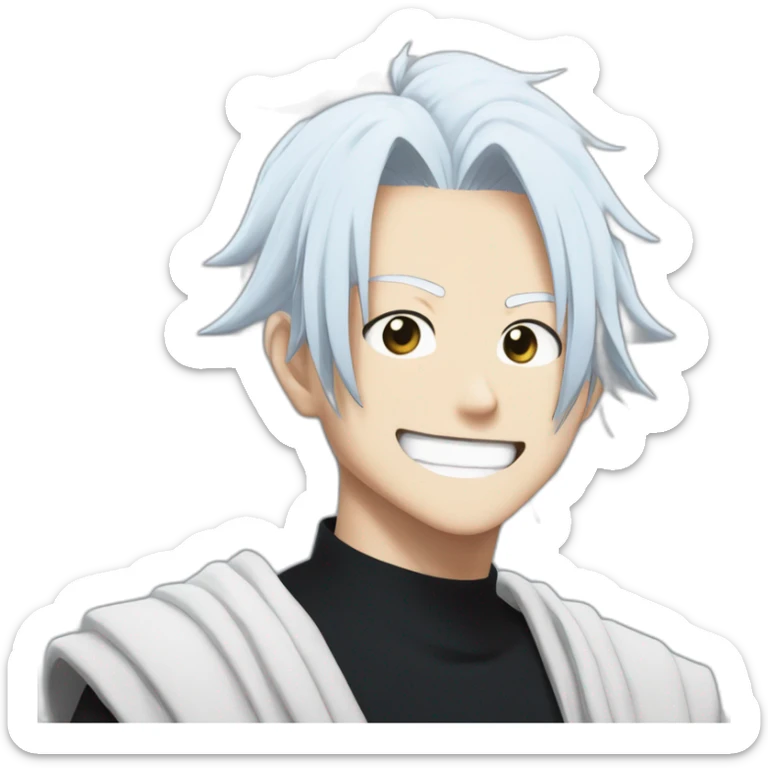 gojo satoru smiling from jujutsu kaisen with white hair, blue sky eyes, wear a black tshirt sticker