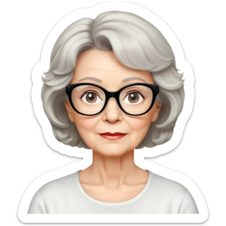 white older woman, about 65 years old, light warm skin, wide face, black wavy neck-length 80s short hair, low volume, neutral expression, large black shiny butterfly or cat-eye glasses, white casual t-shirt sticker