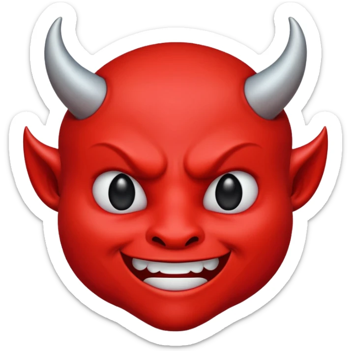 CARTOON STYLE EMOJI of a RED DEVIL FACE with small HORNS pointing up, BLACK EYES, and a MISCHIEVOUS SMILE. The entire face is RED with a smooth glossy texture. BACKGROUND is PURE WHITE, clean and simple. sticker