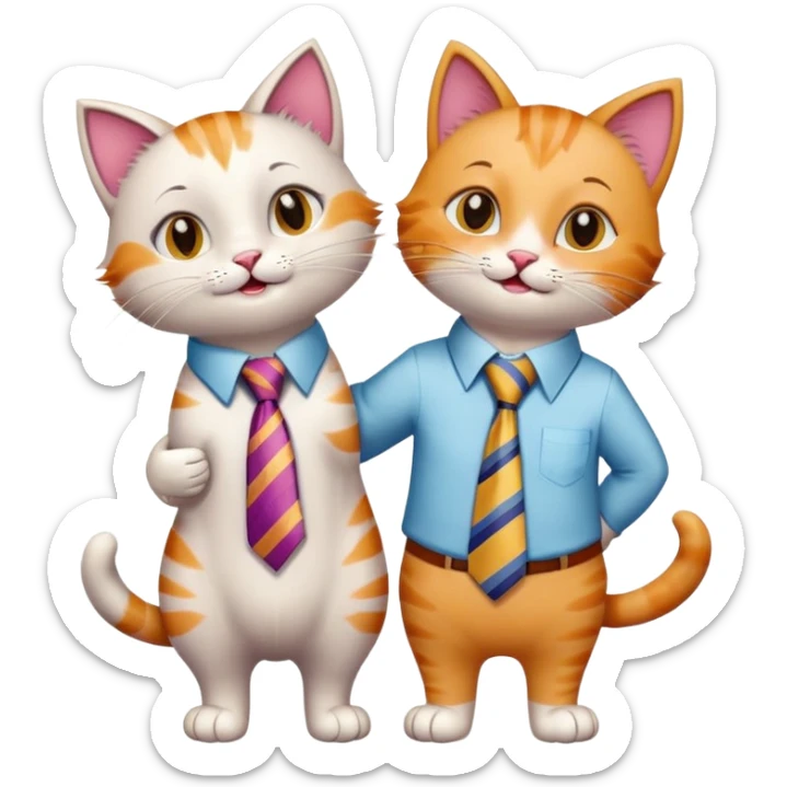happy girl cat with eyelashes wearing a colorful necktie and happy boy cat wearing a professional necktie standing together and holding paws, both with loving expressions sticker