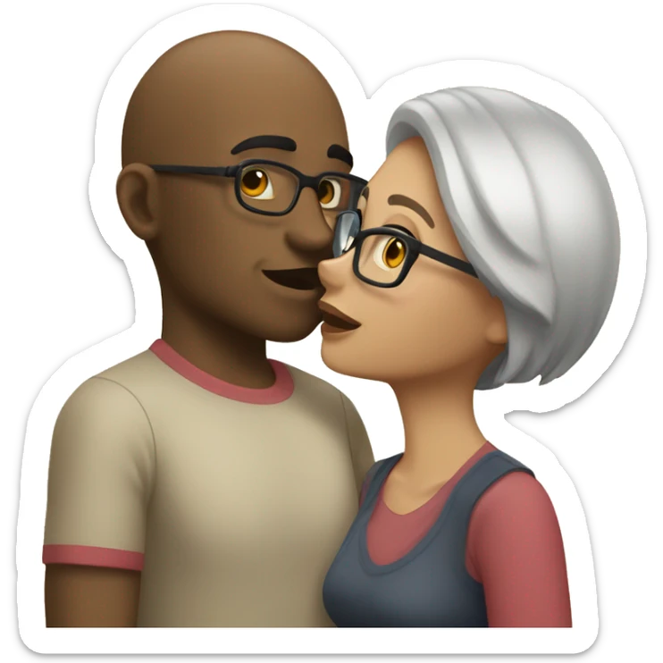A couple kissing. The girl has short hair and wear glasses. Boy has thick eyebrows good body and a little bald sticker