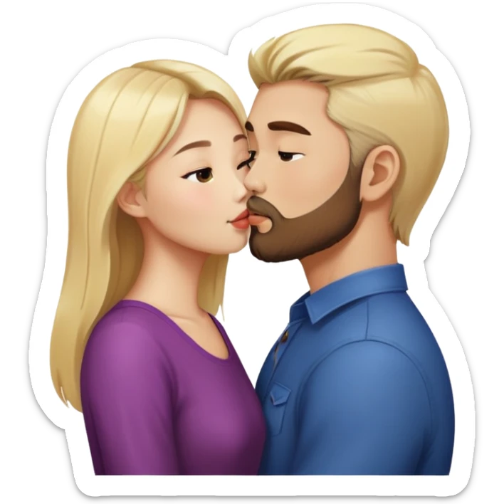 Asian girl kissing blonde man with brown beard sticker