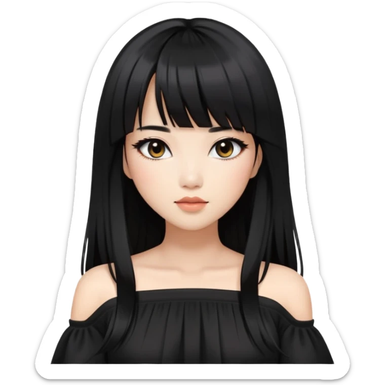 stylish woman with Asian skin, black off-shoulder top, long straight black hair with bangs, and soft makeup sticker