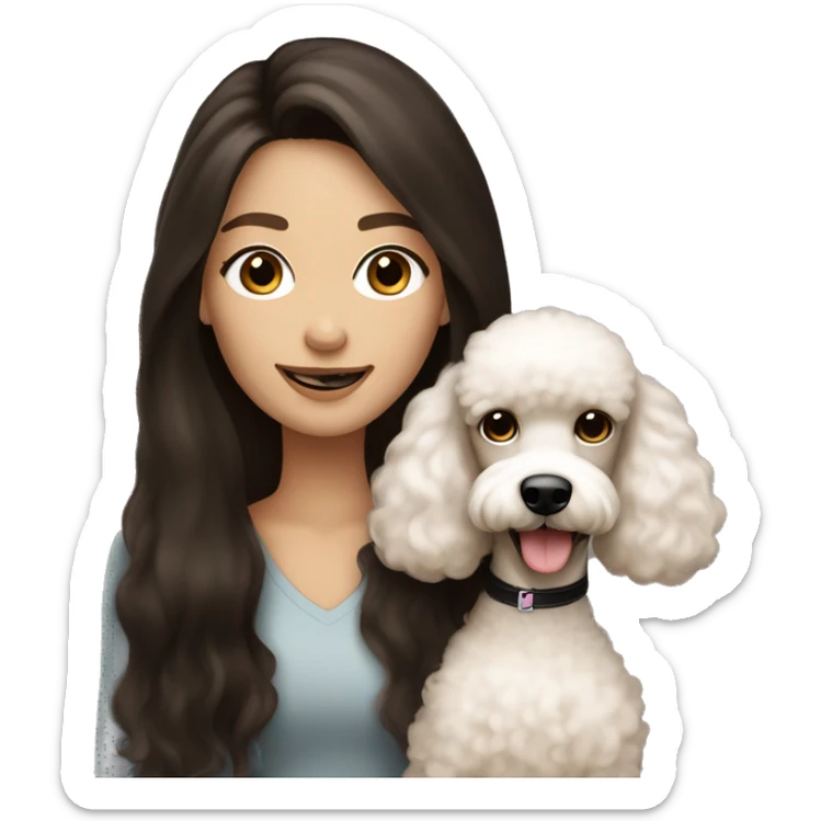 brown black hair black eyes long straight hair white skin woman smile With Brown Poodle Puppy  sticker