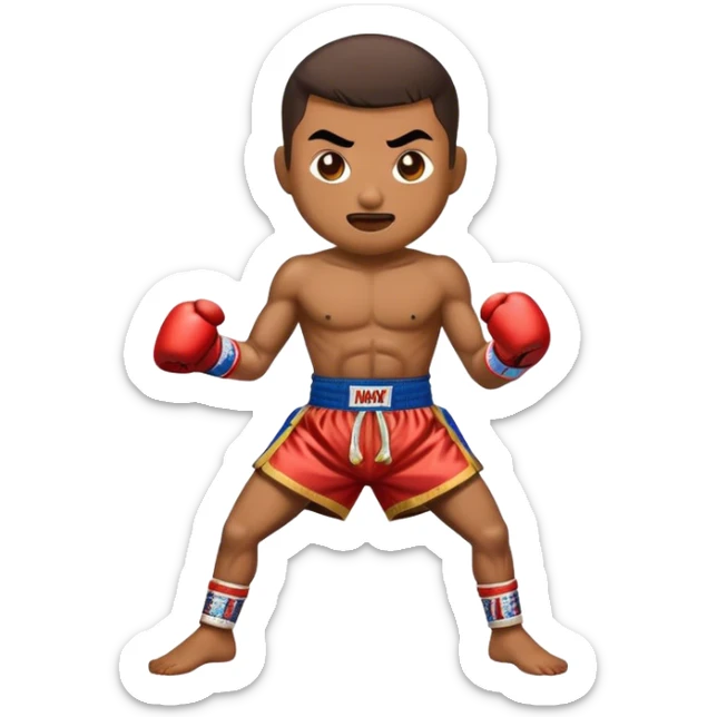 Cinematic Realistic Muay Thai Pop Culture Emoji, depicted with an action-packed portrayal of traditional Thai boxing rendered with bold textures and energetic, dramatic lighting. sticker