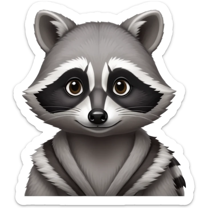 Cinematic-Noble-Raccoon-Portrait-Emoji – Poised and confident, with a sturdy build and a beautifully textured fur of silver-grey accented by dark black facial markings, deep-set, large big black eyes revealing no white, simplified yet sharp and sophisticated zoom out to show shoulders sticker