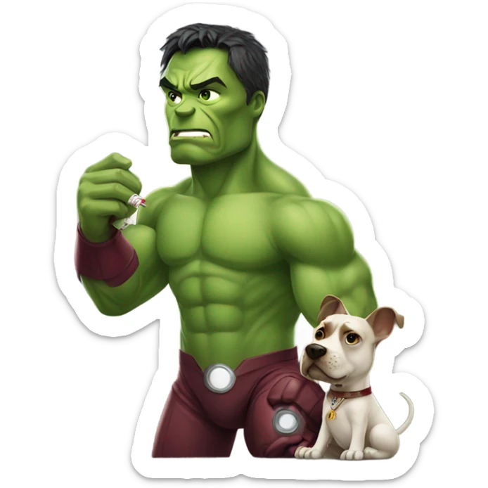 iron man holding dog dressed as hulk and smoking cigarette sticker