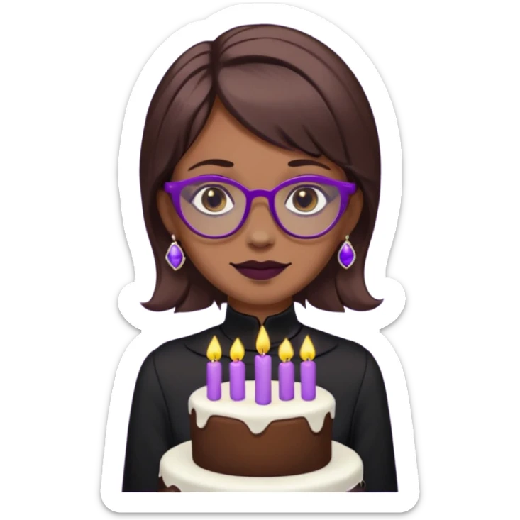 Cute ironic emoji woman, RIP 20’s theme.
Brown medium hair, grey eyes, purple glasses, nose piercing, tooth gem.
Black mourning outfit, cake with 29 candles.
Dark-cute minimal style, flat emoji design, clean lines.
Transparent background. sticker