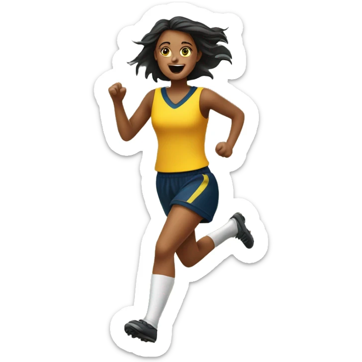 A girl running on a footy field with 2 girls and she has the footy sticker