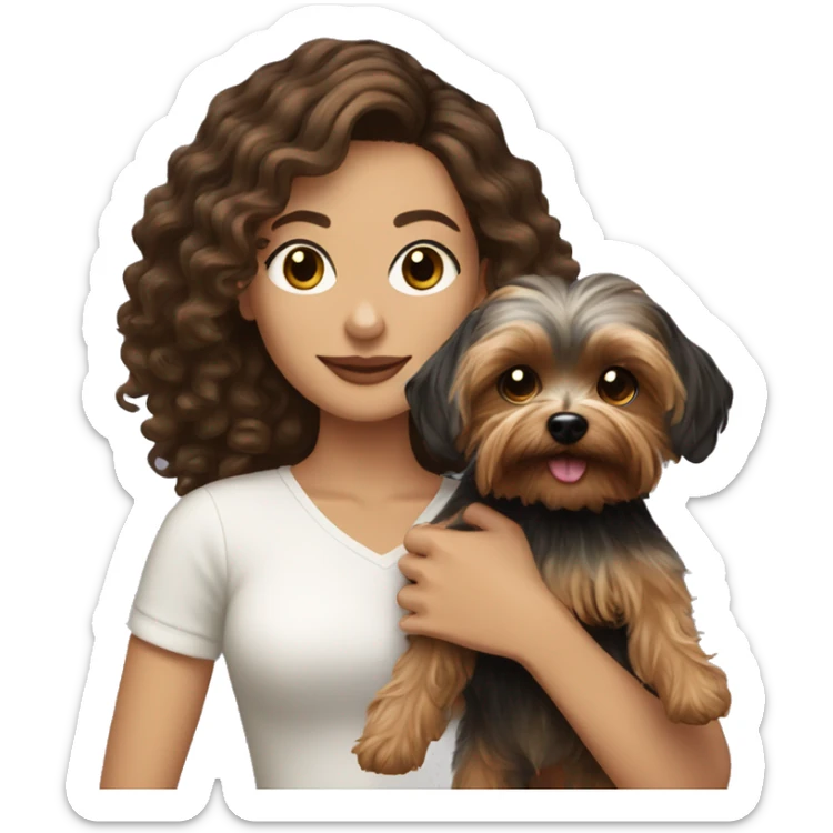 white women with curly medium length brunette hair, holding a cute yorkie dog sticker