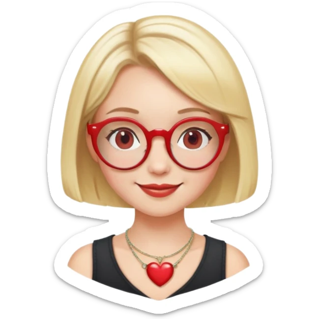 white girl head with short blonde bob hair, red round glasses, heart necklace, smiling sticker