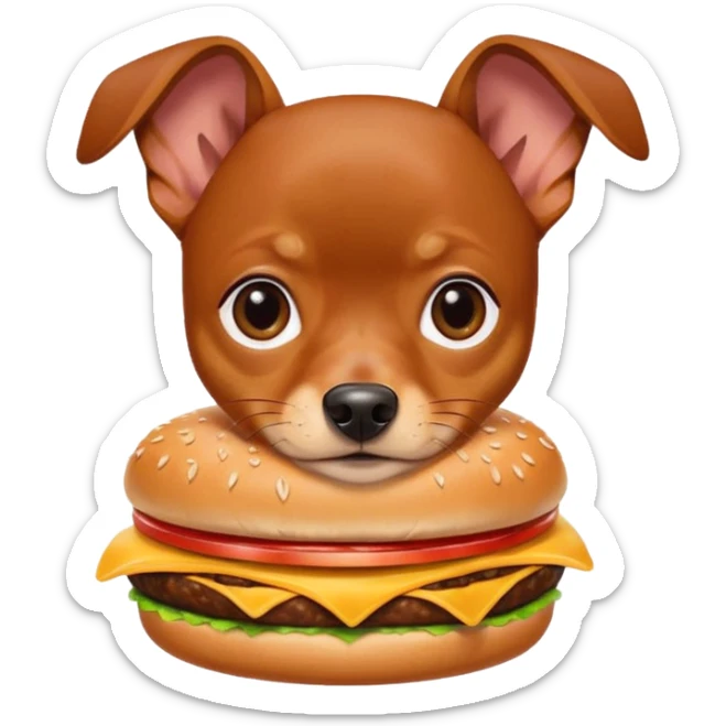 Miniature pinscher dog with white paws eating a giant, juicy hamburger sticker