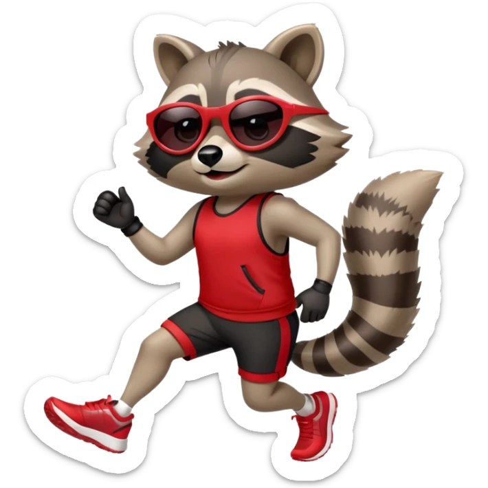 friendly anthropomorphised raccoon in sports wear, wearing dark sunglasses, jogging upright in standard pose sticker
