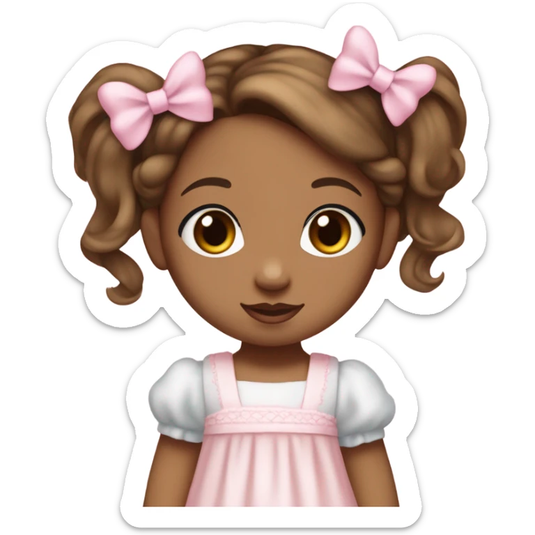 Little  babygirl with light brown skin, blue eyes. Light brunette wavy hair in two ponytails, with light pink bows.  She is wearing a light pink and White dress, holding a teddybear with a pink bow. sticker
