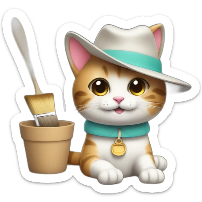 Kawaii cat artist in hat holding palette and brush so it can be used as a mouse cursor sticker