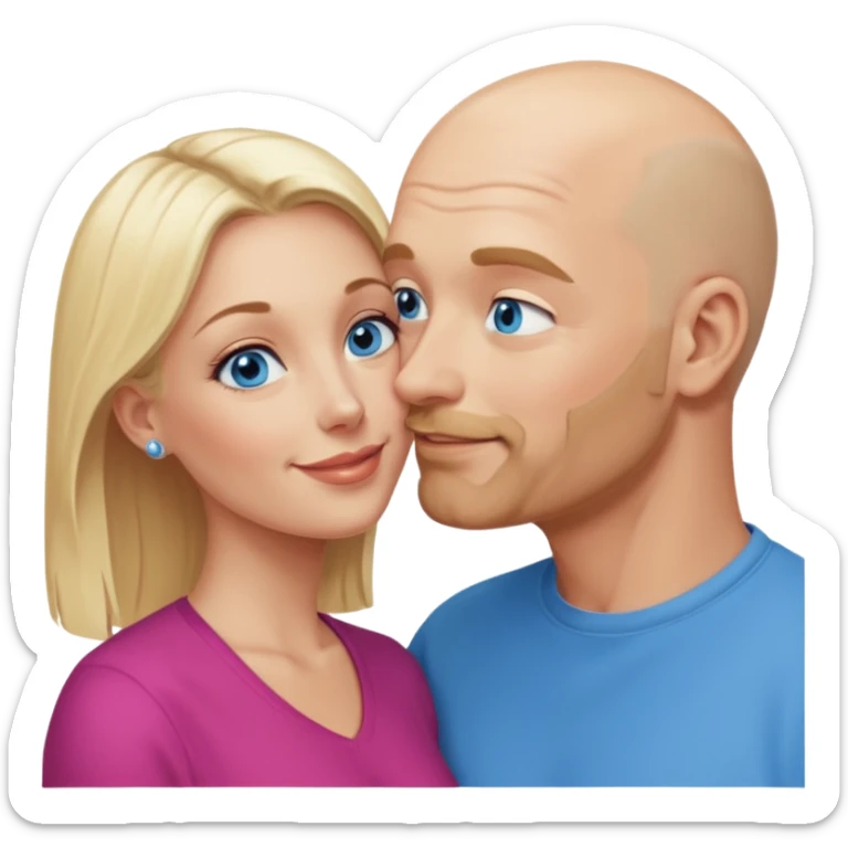 middle age bald man with salt and blonde scruff, blue eyes a.  Kissing blonde woman with blue eyes sticker