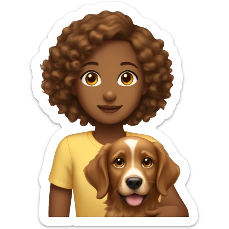 Brown girl with brown curly hair with a golden retriever puppy sticker