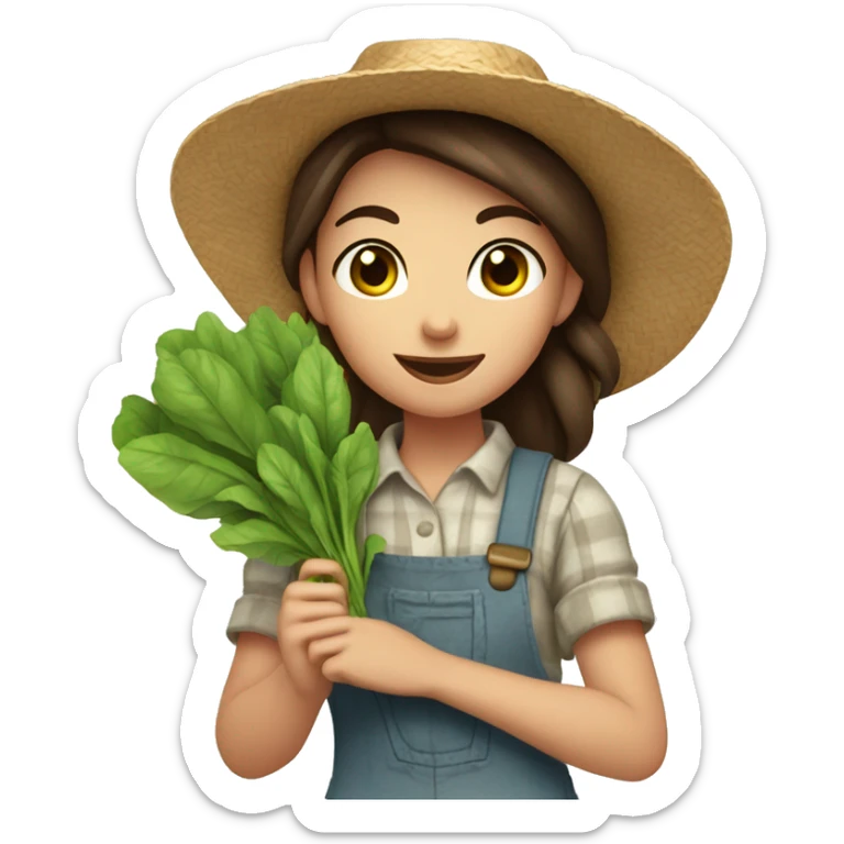 farmer girl, light blue eyes, dark brown hair, with a straw hat, ponytail, holding greens in hand sticker