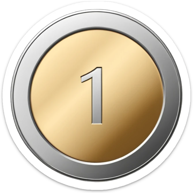 Emoji icon of a metal coin with engraved number 1, minimalist style, isolated, only metal color sticker