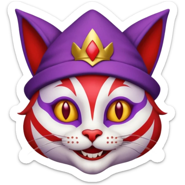 crazy colorful cute little cat jolly joker from poker, medieval, vintage, court jester, mac os icon, purple, gold and red color, half body sticker