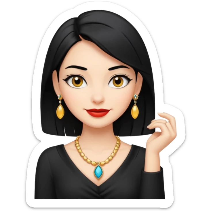 A confident, stylish female cartoon character with black hair, sly smile, flirtatious eyes, elegant pose, jewelry hints, minimalist, high-contrast colors, designed as a small, bold emoji icon. sticker