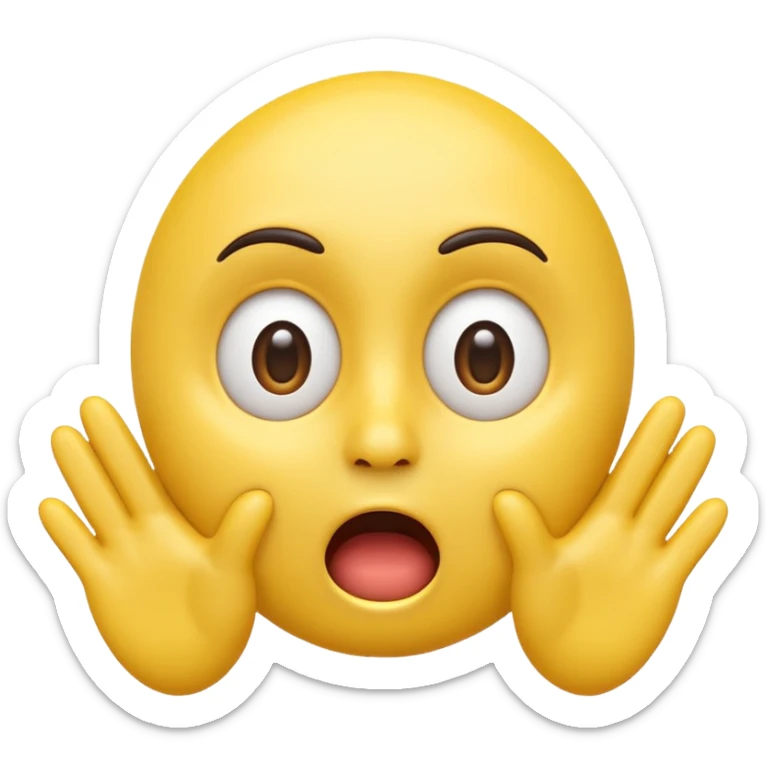 A 3D glossy yellow emoji of a shocked horrified face, with mouth and eyes are wide open, eyebrows  raised, and hands against their cheeks, face without nose, black background, high quality, soft studio lighting sticker