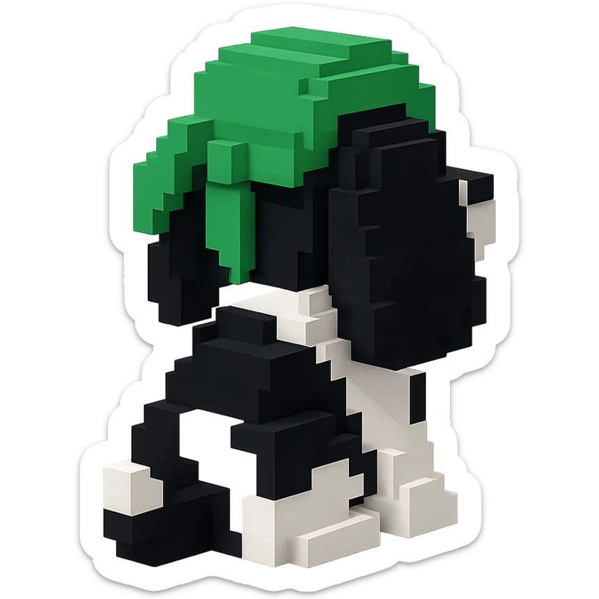 A black and white Russian Cocker Spaniel puppy wearing a green durag, facing backward sticker