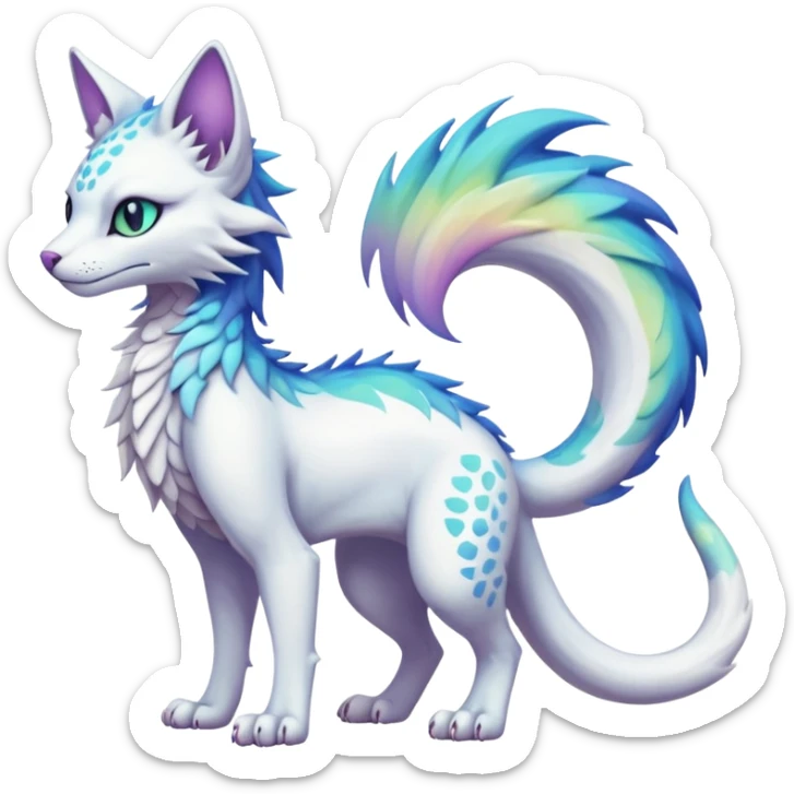 Kawaii white iridescent edgy fantasy feline-vernid-sergal-fursona animal creature with a tufted tail full body with intricate markings  sticker
