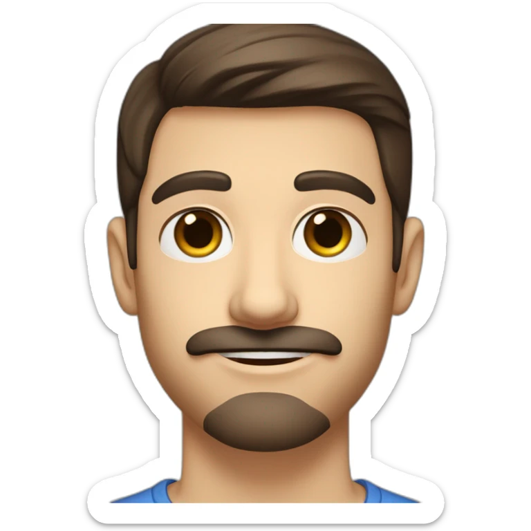 A young Caucasian man with dark brown eyes, almond-shaped eyes, short dark brown hair, and a small dark brown beard with a more prominent mustache. sticker
