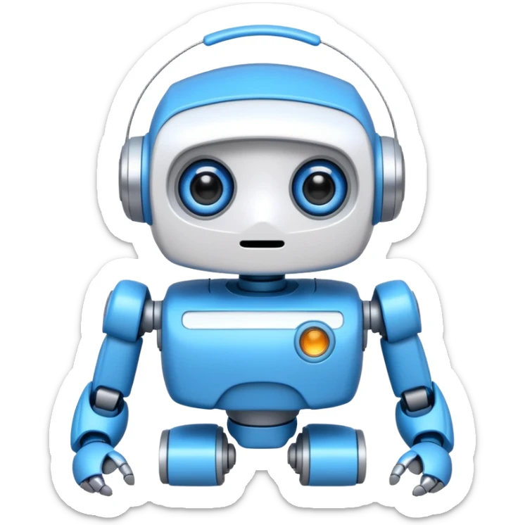 “Um robô branco e azul, com olhos digitais grandes, jeito atrapalhado e aparência muito fofa.” sticker