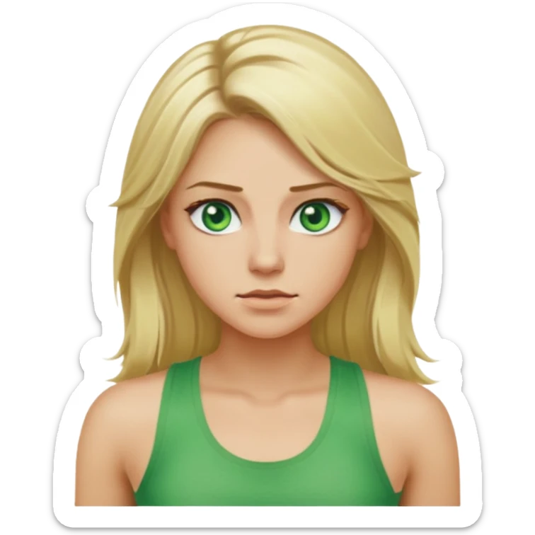 Female, long blonde hair, green eyes, sweating my ass off, wearing a tank top sticker