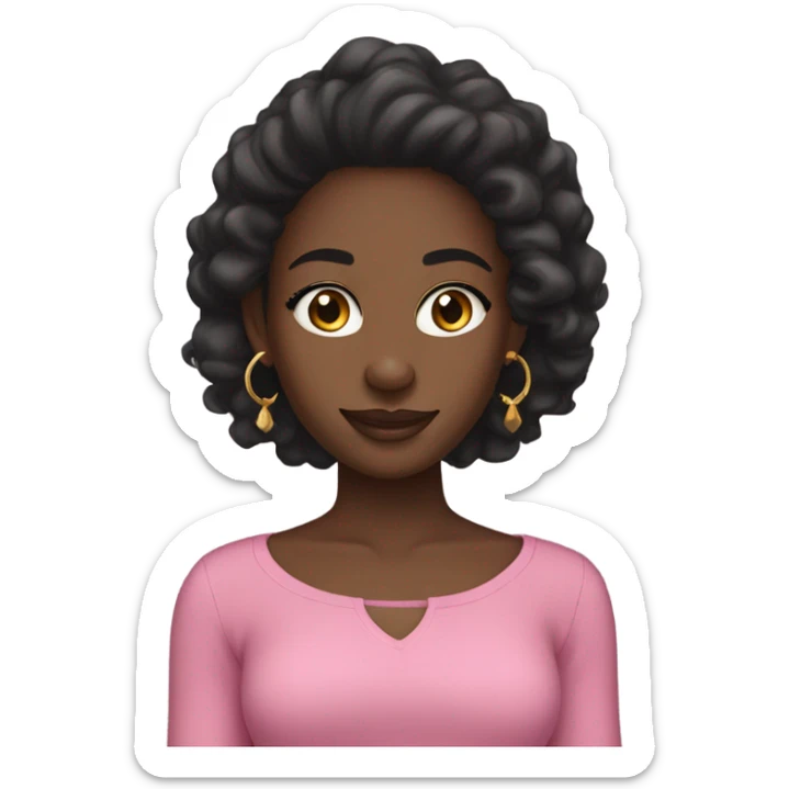 Black girl with a pink top,straight black,long hair.gold earrings,long eyelashes,brown eyes,nose ring,smiling sticker