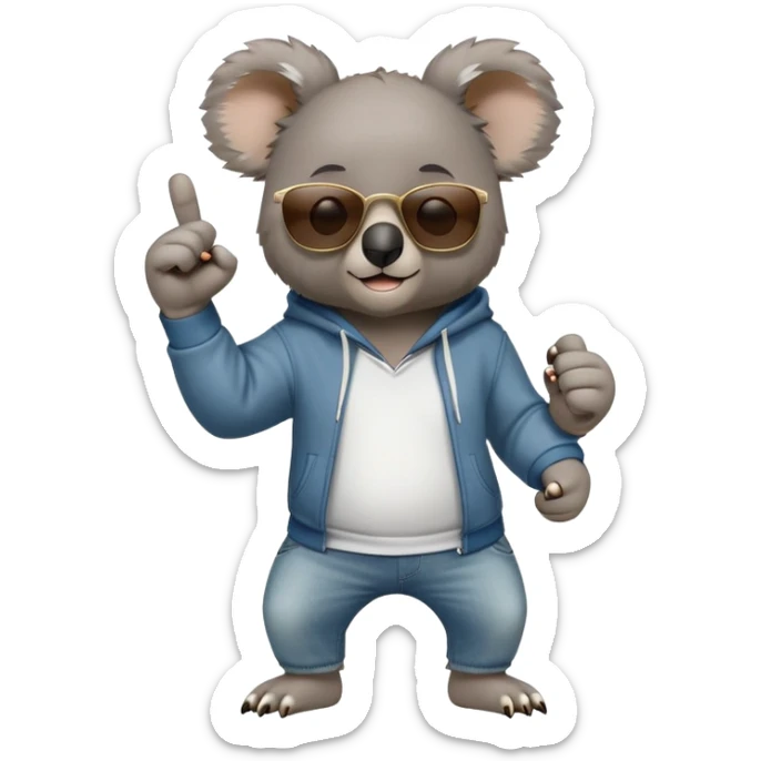 anthropomorphised koala, full body, wearing a hoodie and jeans, dark sunglasses, shaking fist in a different pose sticker