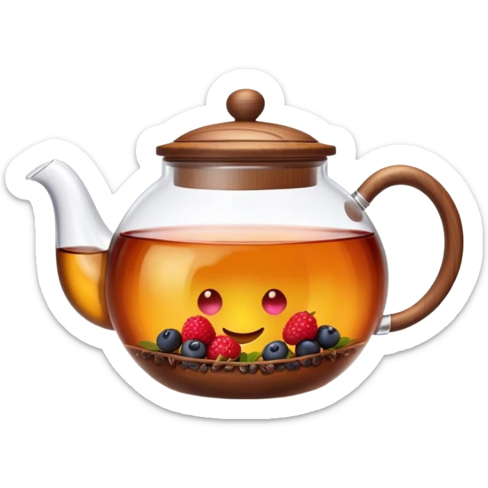A cinematic realistic emoji with an attractive image of a transparent teapot with a realistic wooden lid filled with tea with berries, rich texture and warm, festive lighting. sticker
