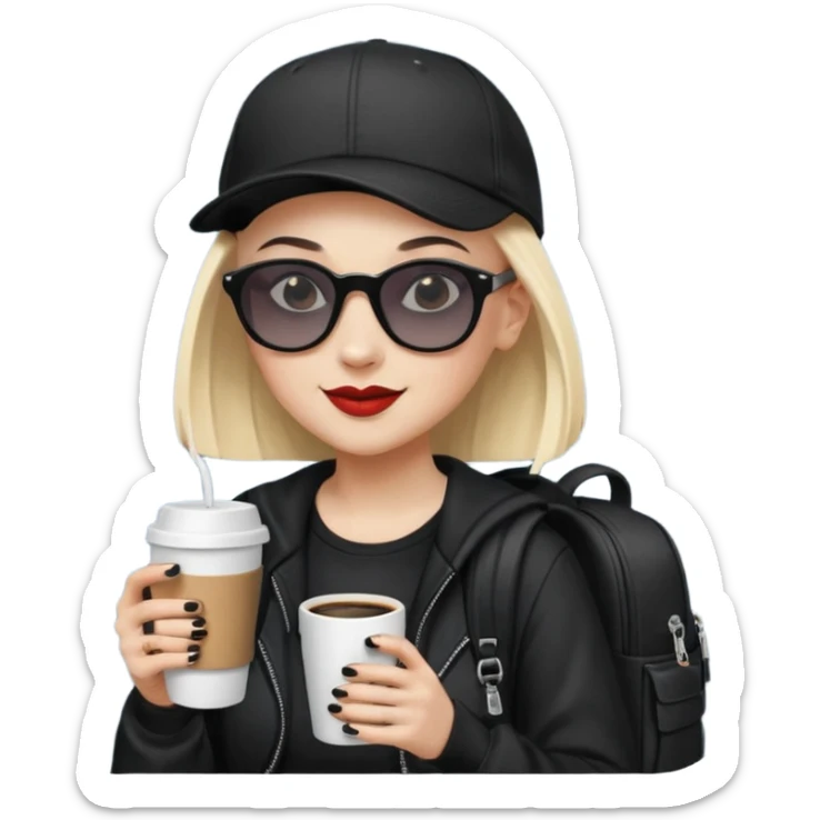["A happy woman with light skin, bald, wearing a baseball cap and sunglasses, dressed in goth fashion, is drinking coffee while holding a backpack."] sticker