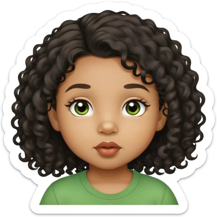 light brown skin tone, very adorable toddler, with big plump lips, long long lashes, black curly hair, middle hair parting, brown eyes, green shirt sticker