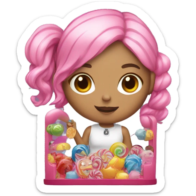 girl with pink hair holding a lollipop and inside a claw machine sticker