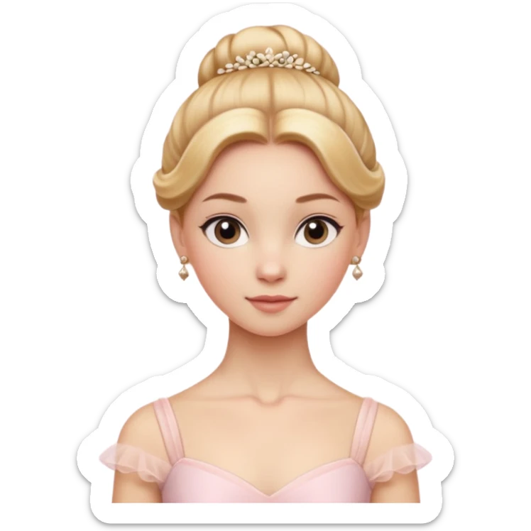 Cinematic Realistic Ballerina Portrait, depicted with lifelike skin texture, subtle rosy undertones, and soft natural lighting that enhances the gentle contours of her face. Her intricately detailed golden blonde hair is elegantly styled in an updo, sticker