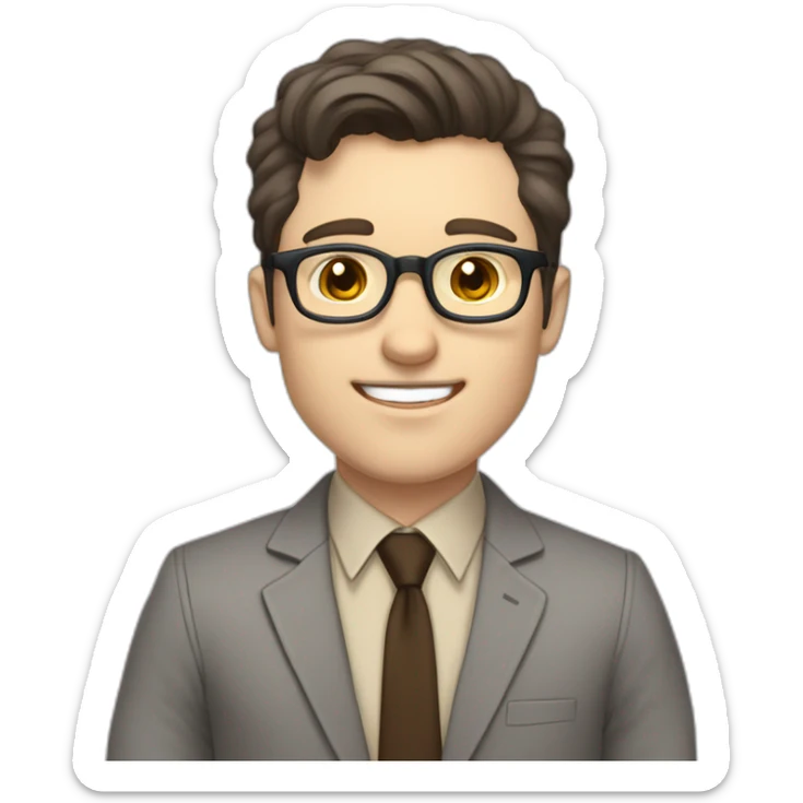 Pale skinned fit man with dark brown hair in gray jacket, beige office shirt, brown tie, brown pants and vintage glasses Writing on the tablet sticker