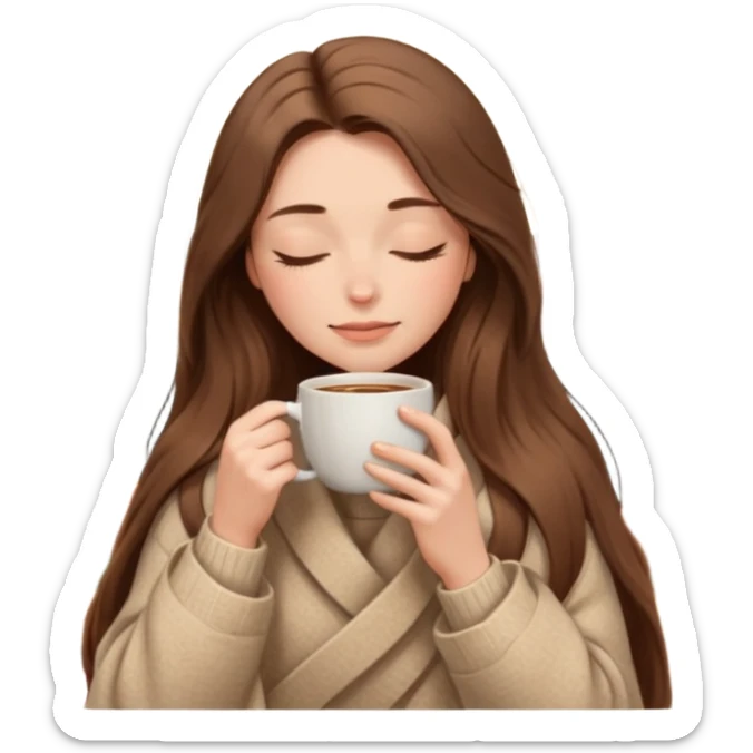 long brown hair woman closed eyes hiding under a cozy wool beige blanket, holding cup of coffee, autumn mood sticker