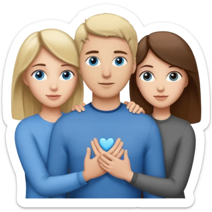 3 people. Throuple. Blank woman with blond hair and blue eye color on left. And also a blank man with brown hair and grey eye color in the middle. And a blank woman with brown hair and grey eye color on the right. Holding each other sticker