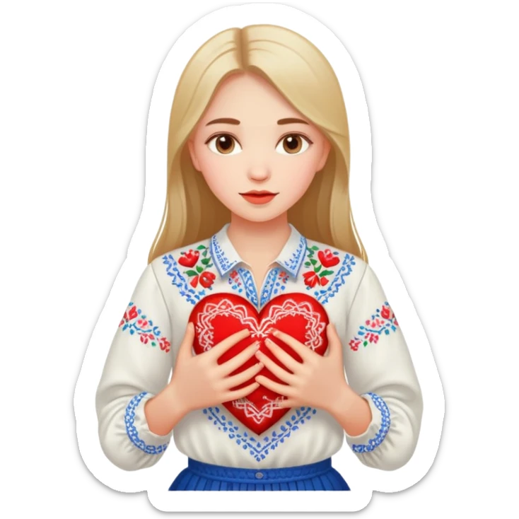 beautiful young girl in a white Ukrainian embroidered shirt clutching a large embroidered heart sticker